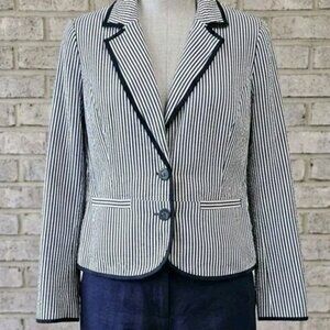 Sandro Blazer Size Large Blue Striped Preppy Nautical Career Coastal Seersucker